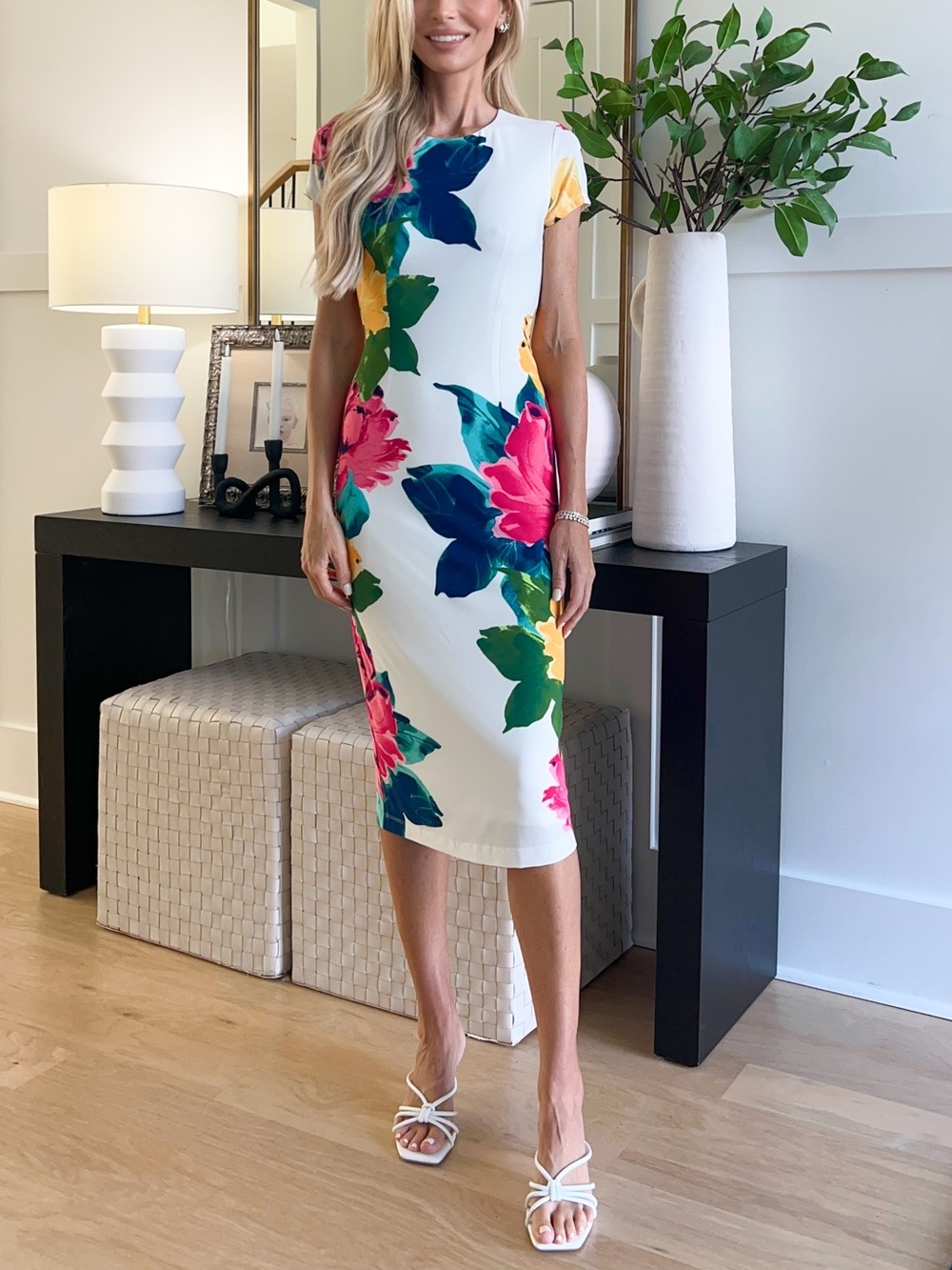 Maggy London Floral Sheath Dress in White with Multicolor Blooms - NWT
